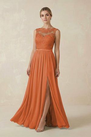 Lace A - Line Bateau Neck Chiffon Long Bridesmaid Dress in Terracotta - SHE IS ME Bridesmaid Dresses