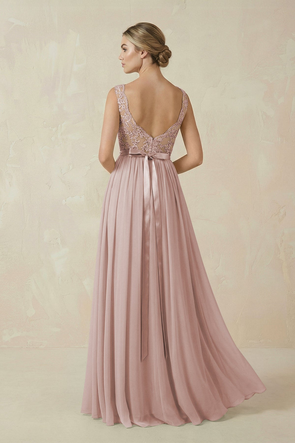 Lace A - Line Bateau Neck Chiffon Long Bridesmaid Dress in Toffee - SHE IS ME Bridesmaid Dresses