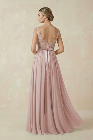 Lace A - Line Bateau Neck Chiffon Long Bridesmaid Dress in Toffee - SHE IS ME Bridesmaid Dresses