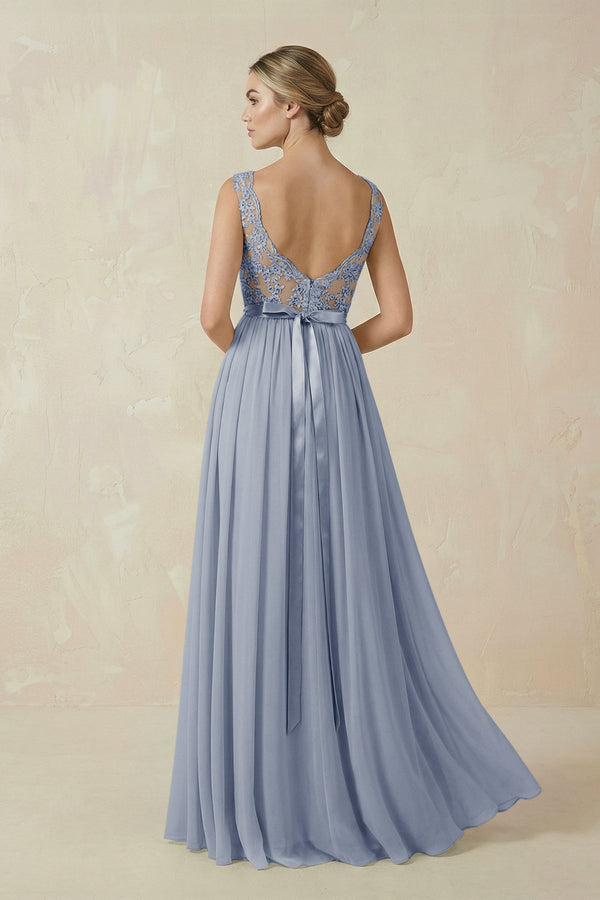 Lace A - Line Bateau Neck Chiffon Long Bridesmaid Dress in Twilight - SHE IS ME Bridesmaid Dresses