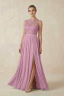Lace A - Line Bateau Neck Chiffon Long Bridesmaid Dress in Vintage Mauve - SHE IS ME Bridesmaid Dresses