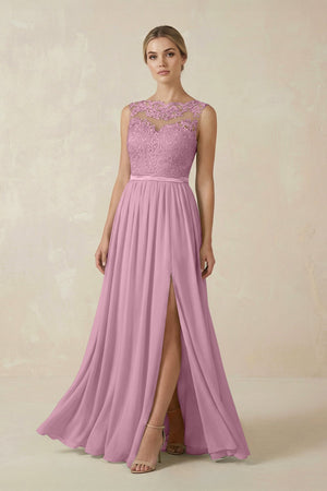 Lace A - Line Bateau Neck Chiffon Long Bridesmaid Dress in Vintage Mauve - SHE IS ME Bridesmaid Dresses