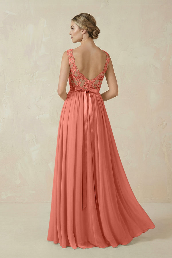 Lace A - Line Bateau Neck Chiffon Long Bridesmaid Dress in Wild Rose - SHE IS ME Bridesmaid Dresses