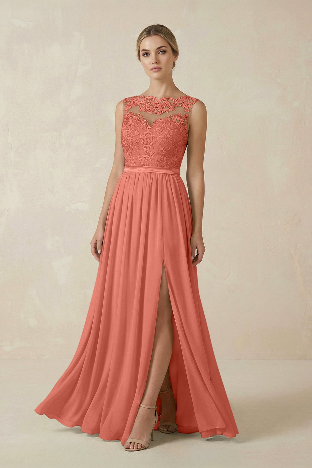 Lace A - Line Bateau Neck Chiffon Long Bridesmaid Dress in Wild Rose - SHE IS ME Bridesmaid Dresses