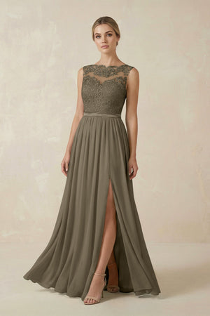 Lace A - Line Bateau Neck Chiffon Long Bridesmaid Dress in Willow Green - SHE IS ME Bridesmaid Dresses