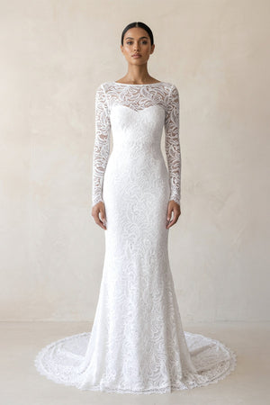 Lace Beatu Neck Sheath Wedding Dress in White - SHE IS ME Wedding Dresses