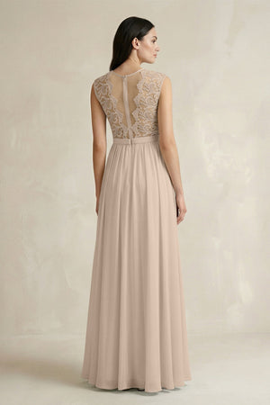 Lace Chiffon A - Line Round Neck Bridesmaid Dress in Almond - SHE IS ME Bridesmaid Dresses