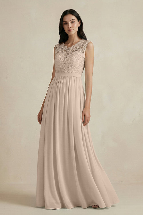 Lace Chiffon A - Line Round Neck Bridesmaid Dress in Almond - SHE IS ME Bridesmaid Dresses