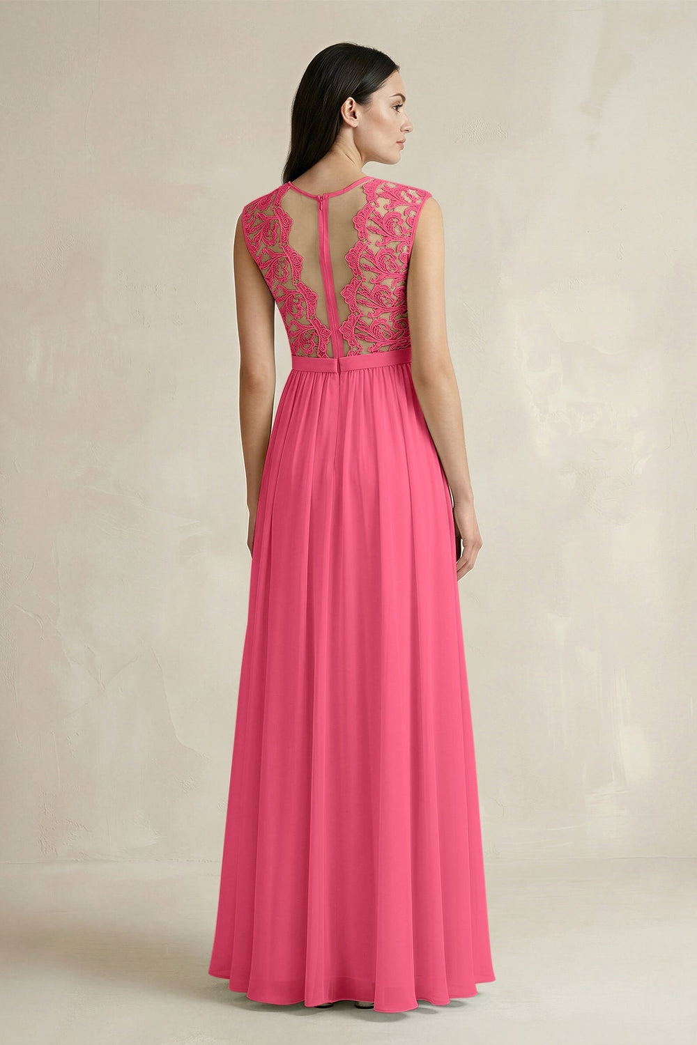 Lace Chiffon A - Line Round Neck Bridesmaid Dress in Fuchsia - SHE IS ME Bridesmaid Dresses