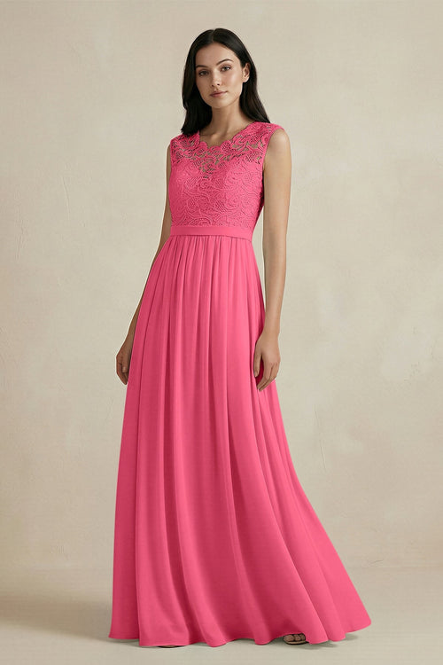 Lace Chiffon A - Line Round Neck Bridesmaid Dress in Fuchsia - SHE IS ME Bridesmaid Dresses