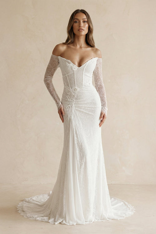 Lace Floral Corset Off - the - Shoulder Wedding Dress in Ivory - SHE IS ME Wedding Dresses