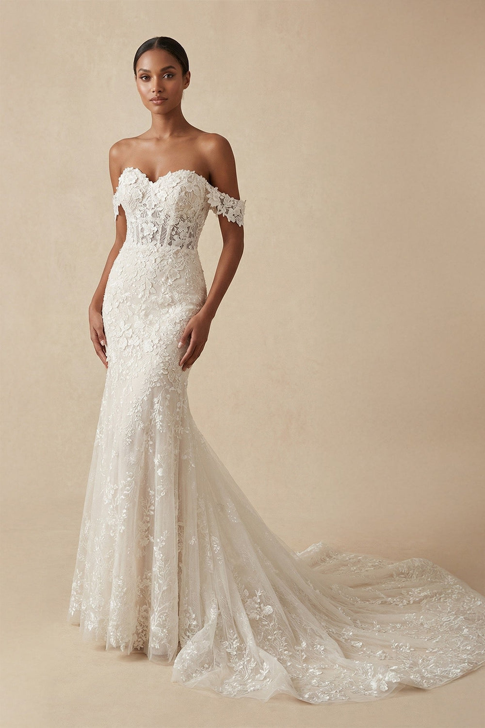 Lace Off - the - Shoulder Mermaid Wedding Dress in Ivory - SHE IS ME Wedding Dresses
