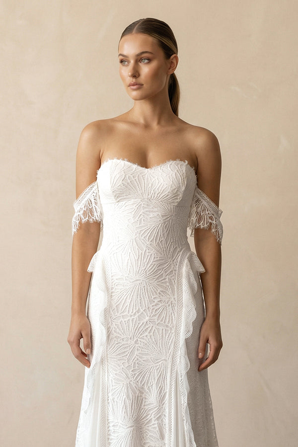 Lace Off - the - Shoulder Sheath Ruffled Wedding Dress in Ivory - SHE IS ME Wedding Dresses