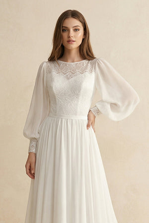 Long Sleeve A Line Wedding Dress With Appliques in Ivory - SHE IS ME Wedding Dresses