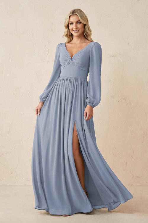 Long Sleeve V - Neck A - Line Chiffon Bridesmaid Dress in Twilight - SHE IS ME Bridesmaid Dresses