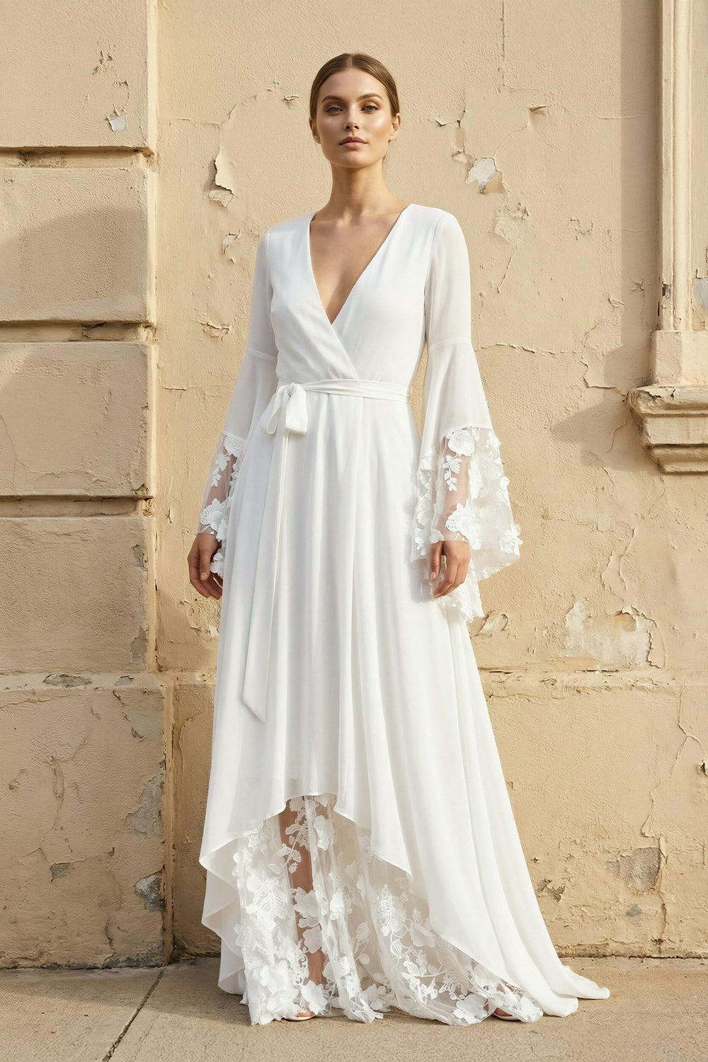 Long Sleeves V Neck Lace Wedding Dress in White - SHE IS ME Wedding Dresses