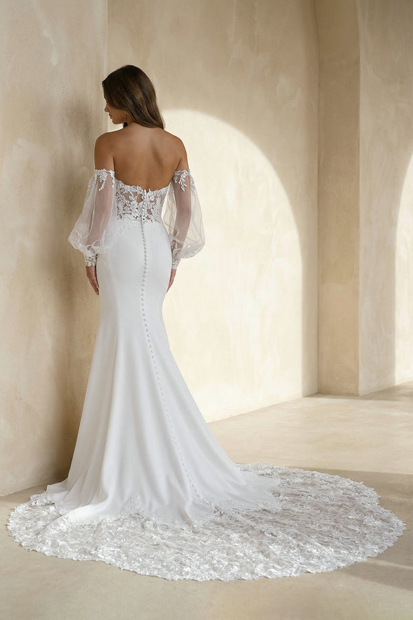 Mermaid Chiffon Tulle Wedding Dress with Appliques in White - SHE IS ME Wedding Dresses