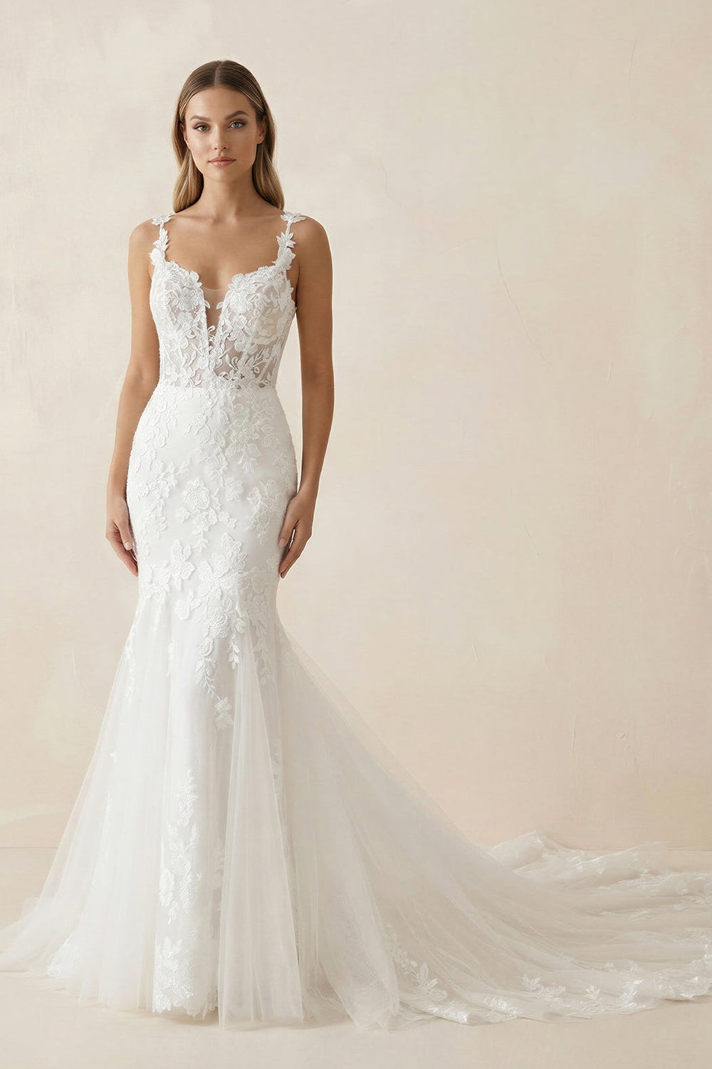 Mermaid Lace V Neck Wedding Dress in White - SHE IS ME Wedding Dresses