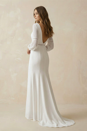 Mermaid Long Sleeves Chiffon Wedding Dress With Appliques in White - SHE IS ME Wedding Dresses