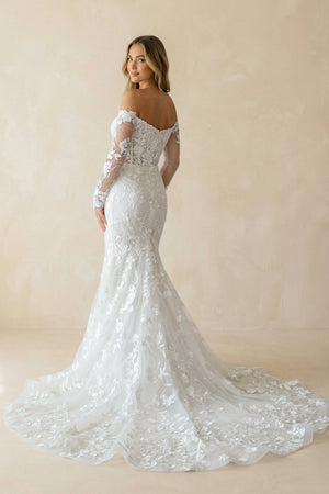 Mermaid Long Sleeves Off The Shoulder Lace Wedding Dress in White - SHE IS ME Wedding Dresses