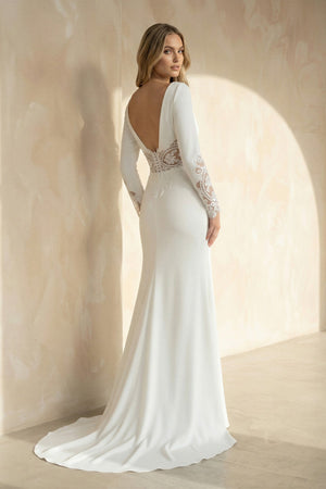 Mermaid Long Sleeves Satin Wedding Dress With Slit - SHE IS ME Wedding Dresses
