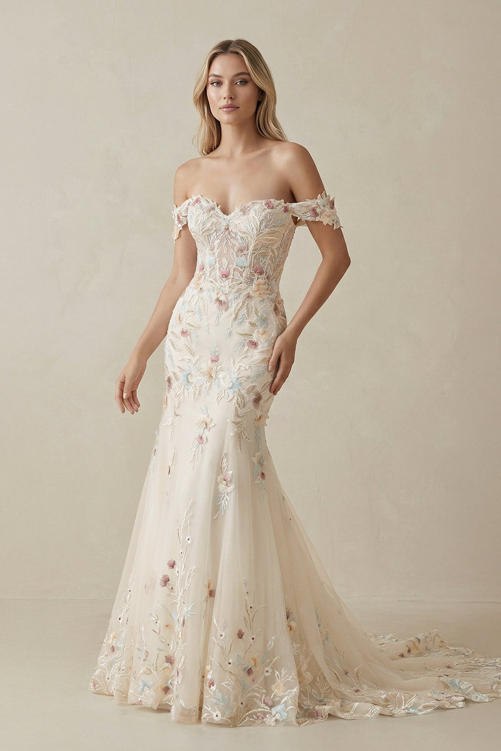 Mermaid Off The Shoulder Tulle Wedding Dress in Champagne - SHE IS ME Wedding Dresses