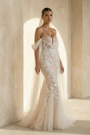 Mermaid Off the Shoulder Tulle Lace Wedding Dresses in White and Nude - SHE IS ME Wedding Dresses