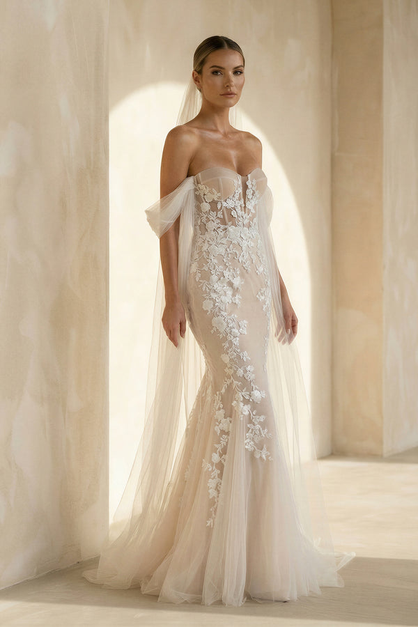 Mermaid Off the Shoulder Tulle Lace Wedding Dresses in White and Nude - SHE IS ME Wedding Dresses