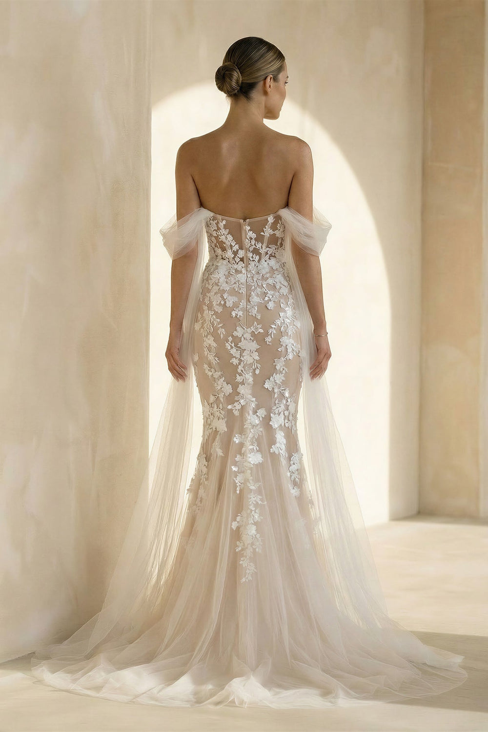 Mermaid Off the Shoulder Tulle Lace Wedding Dresses in White and Nude - SHE IS ME Wedding Dresses