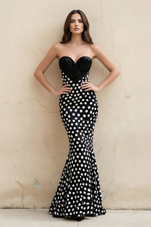 Mermaid Polka Dot Strapless Gown in Black - SHE IS ME