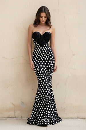Mermaid Polka Dot Strapless Gown in Black - SHE IS ME