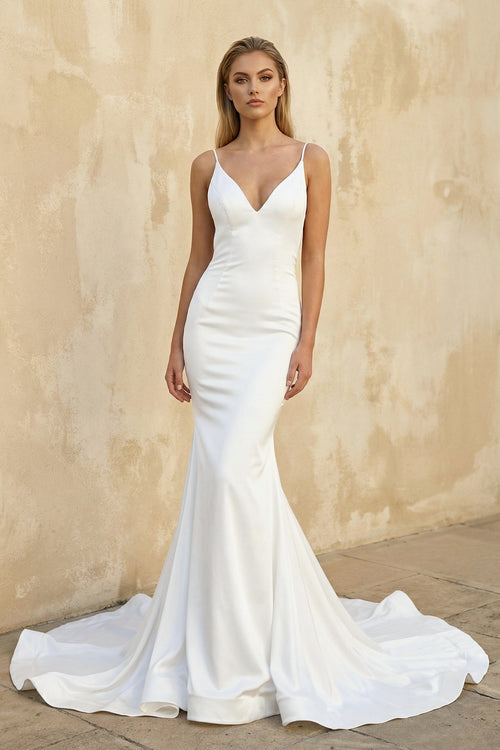 Mermaid Satin Sleeveless Wedding Dresses in White - SHE IS ME Wedding Dresses