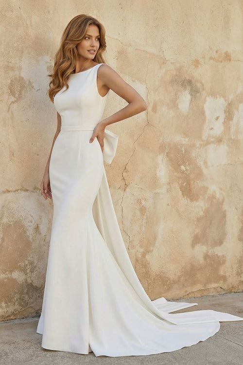 Mermaid Satin Wedding Dress With Bow in Ivory - SHE IS ME Wedding Dresses