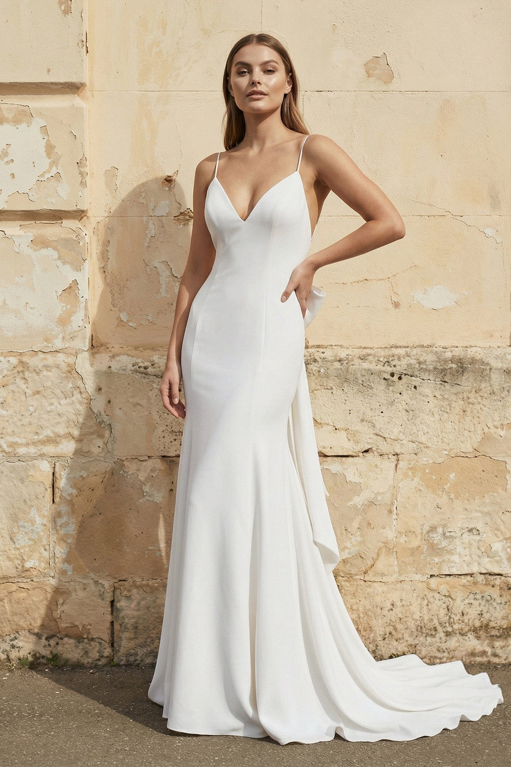 Mermaid Spaghetti Straps V - Neck Wedding Dresses in White - SHE IS ME Wedding Dresses