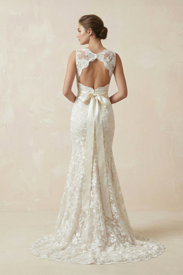 Mermaid V Neck Lace Open Back Wedding Dress in White and Nude - SHE IS ME Wedding Dresses