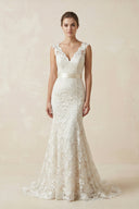 Mermaid V Neck Lace Open Back Wedding Dress in White and Nude - SHE IS ME Wedding Dresses