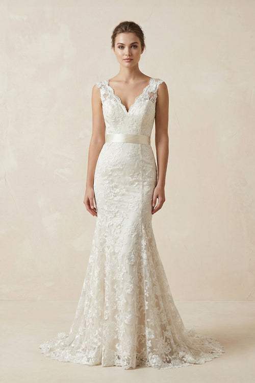 Mermaid V Neck Lace Open Back Wedding Dress in White and Nude - SHE IS ME Wedding Dresses