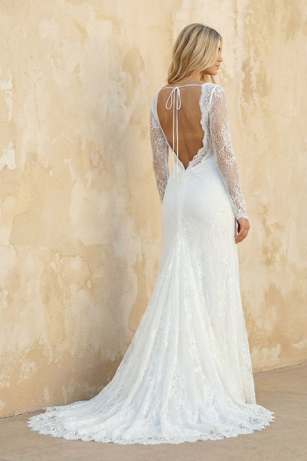 Mermaid V Neck Long Sleeves Lace Wedding Dress in Ivory - SHE IS ME Wedding Dresses