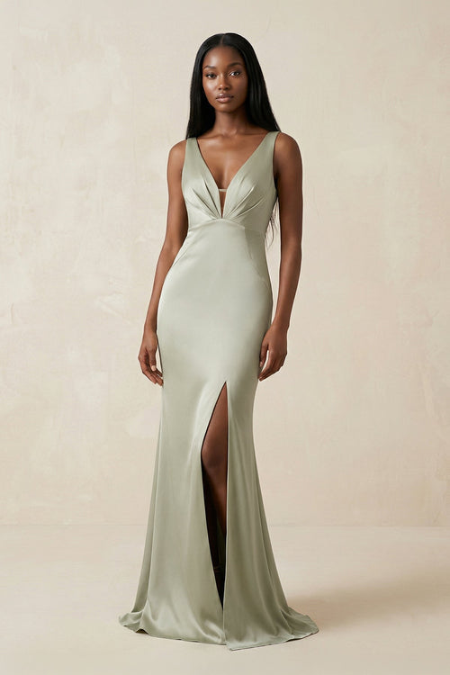 Mermaid V - Neck Satin Bridesmaid Dress With Slit in Frost - SHE IS ME Bridesmaid Dresses