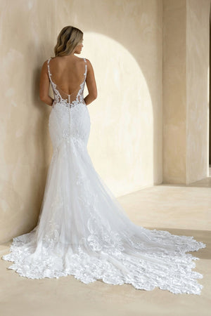 Mermaid V Neck Satin Lace Wedding Dresses in White - SHE IS ME Wedding Dresses