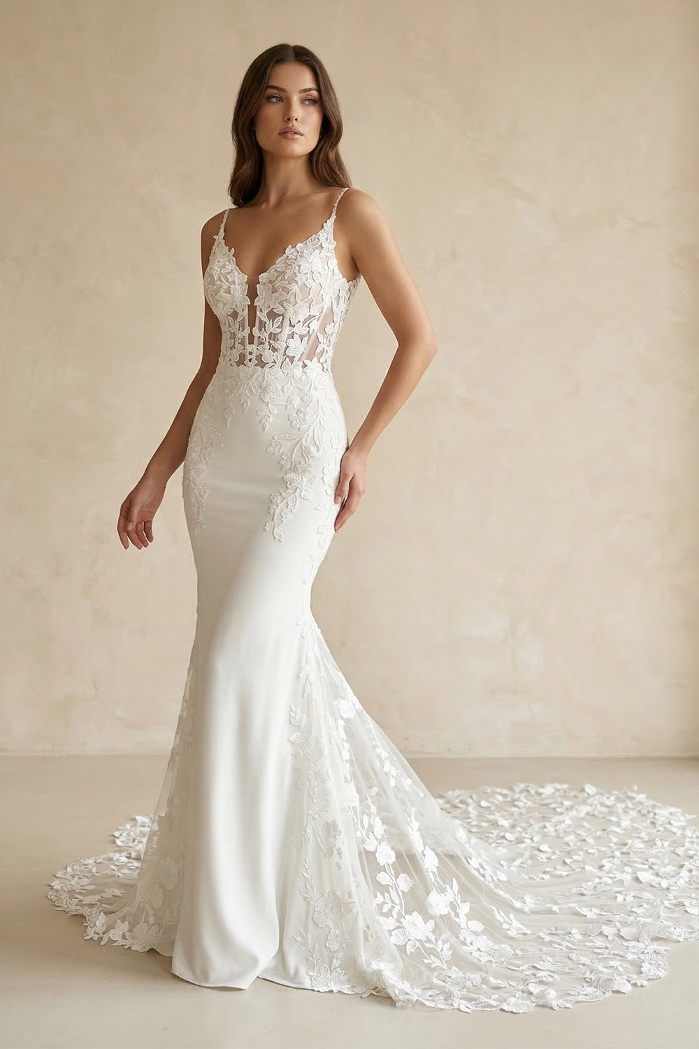 Mermaid V Neck Satin Wedding Dress With Appliques in White - SHE IS ME Wedding Dresses
