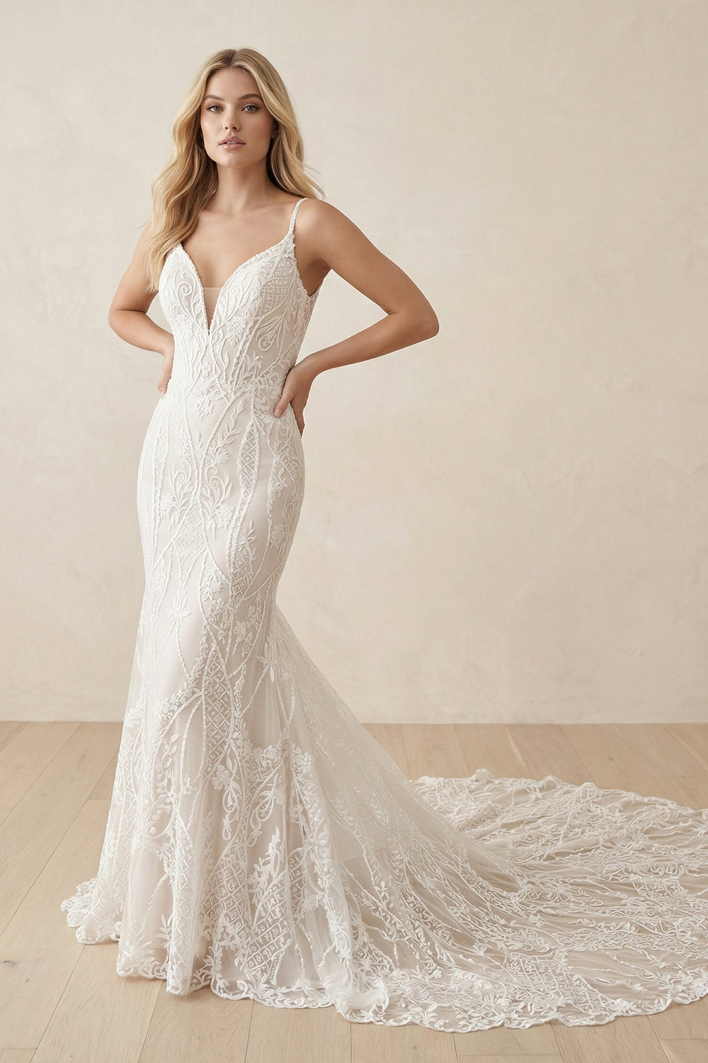 Mermaid V - Neck Spaghetti Straps Sweep Train Wedding Dress - SHE IS ME Wedding Dresses