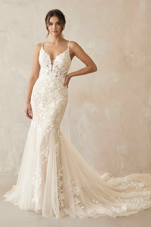 Mermaid V Neck Tulle Wedding Dresses with Appliques in Ivory - SHE IS ME Wedding Dresses