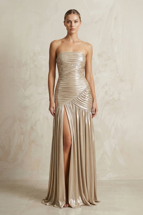 Metallic Pleated Maxi Dress With Slit in Champagne