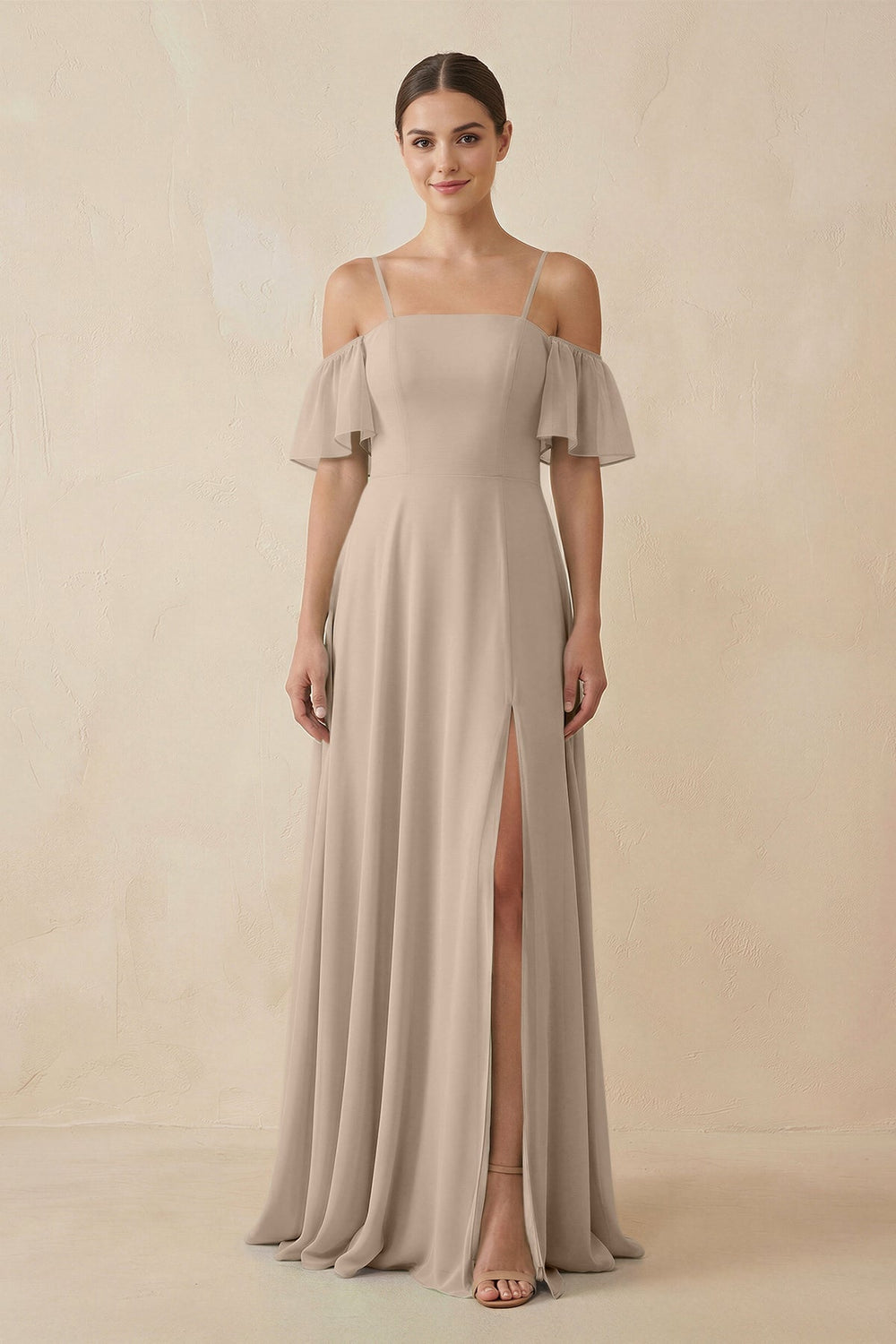 Off - the - Shoulder A - Line Chiffon Bridesmaid Dress in Almond - SHE IS ME Bridesmaid Dresses