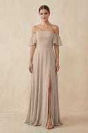 Off - the - Shoulder A - Line Chiffon Bridesmaid Dress in Almond - SHE IS ME Bridesmaid Dresses