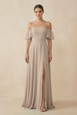 Off - the - Shoulder A - Line Chiffon Bridesmaid Dress in Almond - SHE IS ME Bridesmaid Dresses