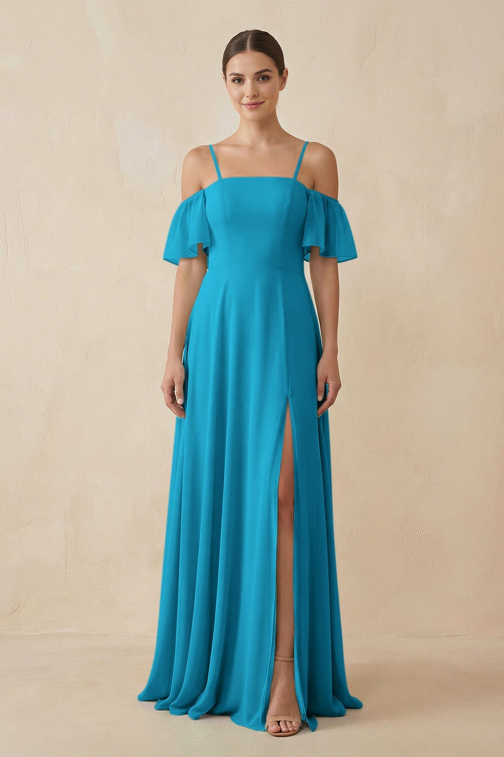 Off - the - Shoulder A - Line Chiffon Bridesmaid Dress in Blue Jay - SHE IS ME Bridesmaid Dresses