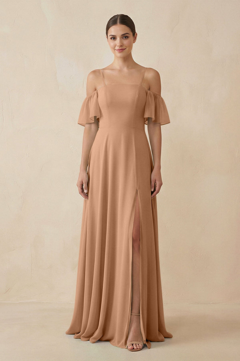 Off - the - Shoulder A - Line Chiffon Bridesmaid Dress in Bronzer - SHE IS ME Bridesmaid Dresses