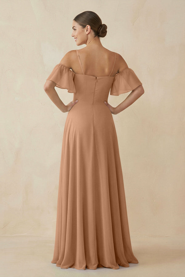 Off - the - Shoulder A - Line Chiffon Bridesmaid Dress in Bronzer - SHE IS ME Bridesmaid Dresses